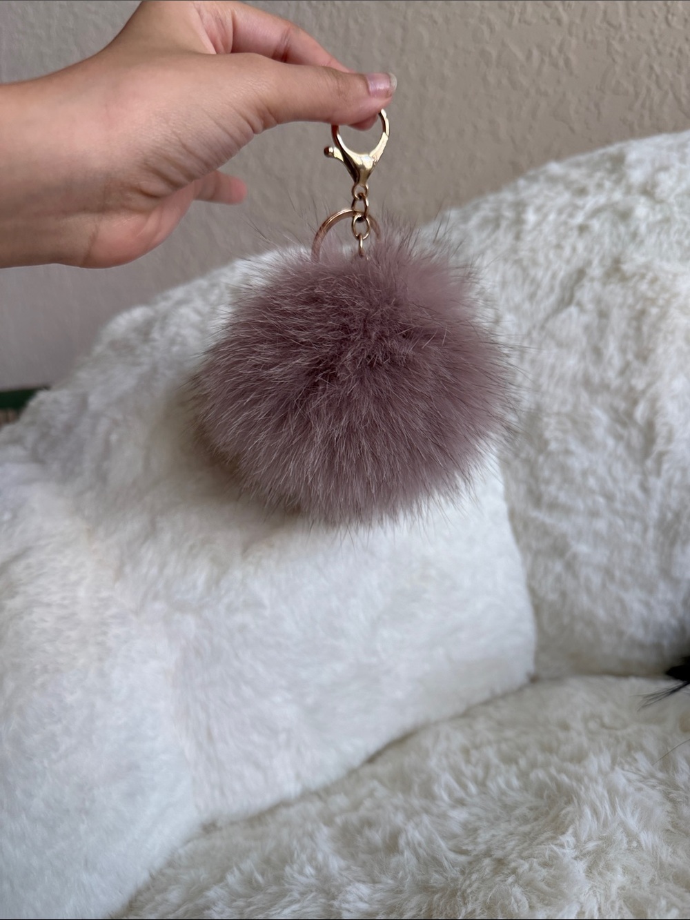 Keychain Mauve Pom Pom fluffy furry faux fur muted pink ash soft key chain